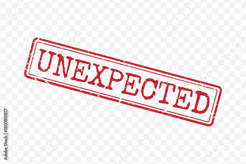 Distressed red rectangular stamp with Unexpected text and thin frame isolated on transparent background