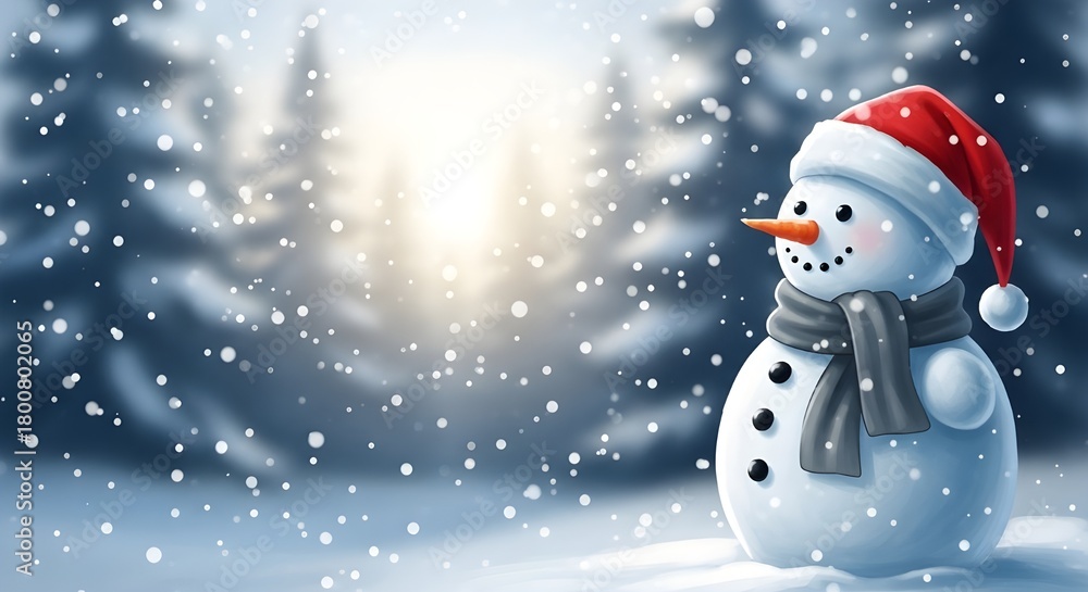 Fototapeta premium Charming snowman wearing a red santa hat and scarf in a snowy winter forest