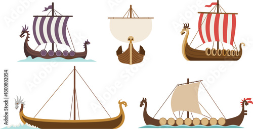 ship cartoon illustrations, dragon figurehead sailboats, Norse maritime vector set, historical boat icons, ancient sea travel design pack, Scandinavian naval artwork