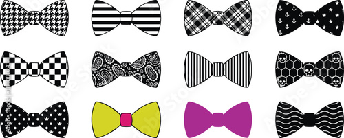 Stylish black and white bow tie collection, modern patterns, fashion accessories, polka dots, stripes, checkerboard, plaid, swirl, abstract, colorful, trendy, isolated on white