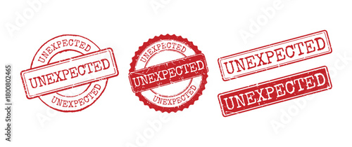 Set of four red grunge rubber stamps with Unexpected text in various shapes and frames