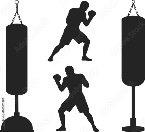 Boxing silhouette illustration with punching bags, fighter stance, gym training concept, combat sports vector, martial arts workout, fitness boxing design, black isolated artwork
