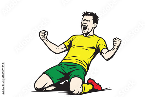 A clean vector depiction of a male soccer player dressed in a green and yellow kit celebrating after scoring a goal, highlighting his joyful expression and powerful triumphant gesture.
