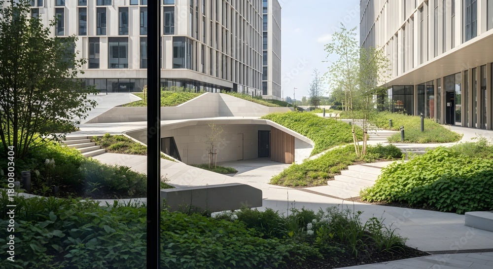 Naklejka premium Modern Urban Landscape Architecture with Green Roof and Contemporary Office Buildings