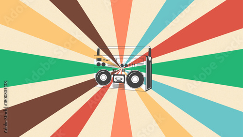 Retro Boombox With Colorful Radial Burst Background For Music, Pop Culture, And Nostalgia