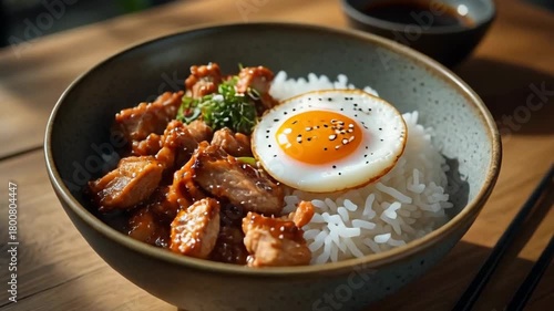 Teriyaki chicken ice bowl with half-boiled egg, modern plating on a wooden table