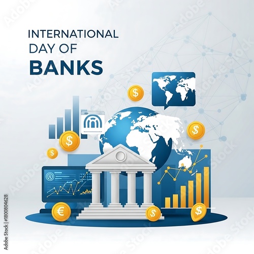 International day of banks celebration with financial growth and global banking concept