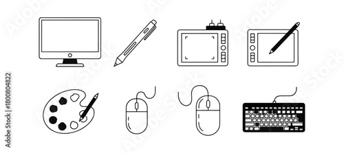 Graphic design tools and equipment isolated on black background