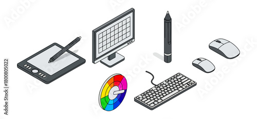 Graphic design tools digital devices on black background vector illustration