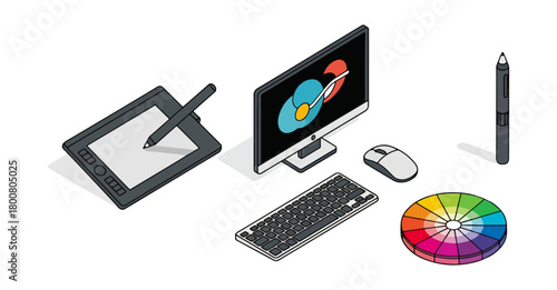 Graphic design workspace isometric illustration computer screen