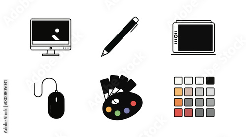 Graphic design icons set monitor pen tablet mouse palette color swatches