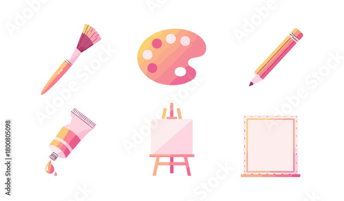 Art supplies set isolated paintbrush palette pencil paint tube easel frame