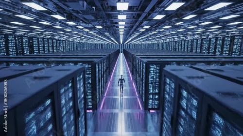 Metallic Robot Walking Through a Neon Lit Data Center Hallway