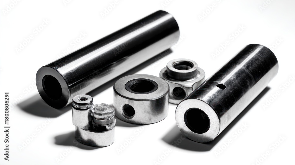 Fototapeta premium Two cylindrical metal components with various connectors and bolts, placed on a white background with soft shadows.