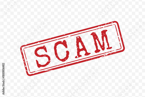 Red rubber distressed rectangular grunge stamp with the large word SCAM