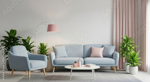 A Cozy Living Room Setup Featuring a Light Blue Sofa and Armchair, Complemented by Green Plants and Soft Pink Accents, Creating a Relaxing and Inviting Space