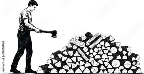 Man chopping firewood with axe, woodcutter working outdoors, lumberjack cutting logs for winter fuel, rural life and hard work illustration