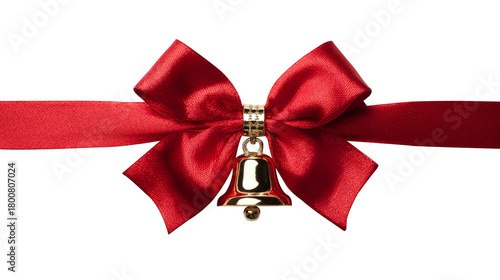 luxury red christmas bow with hanging bell isolated on transparent background, 