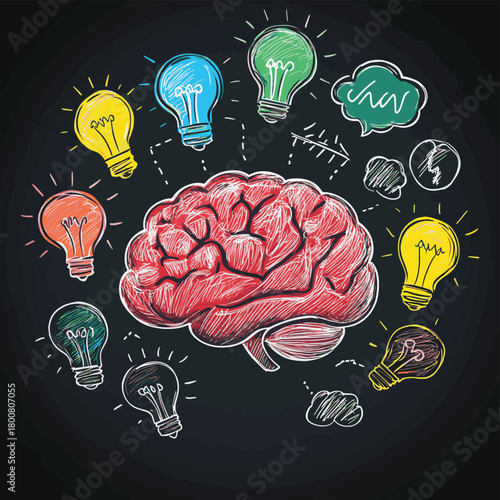 Chalk-drawn brain with lightbulb symbols and thought bubbles around it, perfect for educational workshops on creativity and innovation. , vector style simple color
