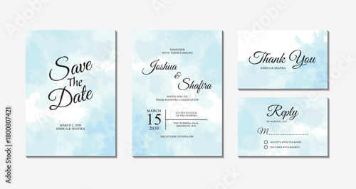 Set of light blue watercolor wash wedding invitation cards with save the date, thank you, and rsvp reply templates