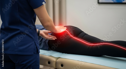 Therapist treating patient's hip and leg pain, highlighted nerve path indicating sciatica