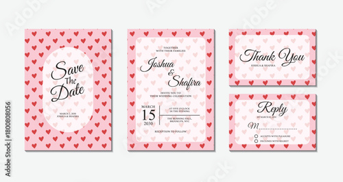 Set of minimalist pink heart pattern wedding invitation cards including save the date, thank you, and rsvp templates