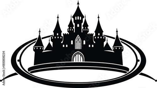 Fantasy castle silhouette, magical spires, orbit ring design, fairy tale architecture, enchanted landmark, vector illustration, whimsical structur