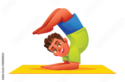 Boy in Scorpion pose variation resting on forearms on a yellow yoga mat. Kids acrobatic fitness and flexibility. Isolated. Vector cartoon illustration