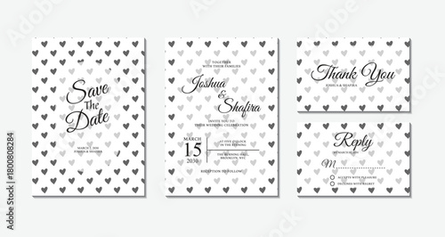 Set of minimalist black heart pattern wedding invitation cards including save the date, thank you, and rsvp templates
