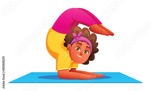 Girl in Scorpion pose variation resting on forearms on a blue yoga mat. Kids acrobatic fitness and flexibility. Isolated. Vector cartoon illustration