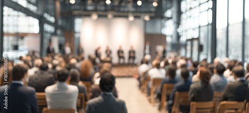 Business experts give presentation to audience in modern conference hall. Attendees listen attentively to speakers on stage. Blurred background suggests large room with windows urban view. Likely