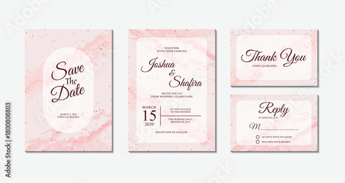 Set of pink marble texture wedding invitation cards with save the date, thank you, and rsvp reply templates