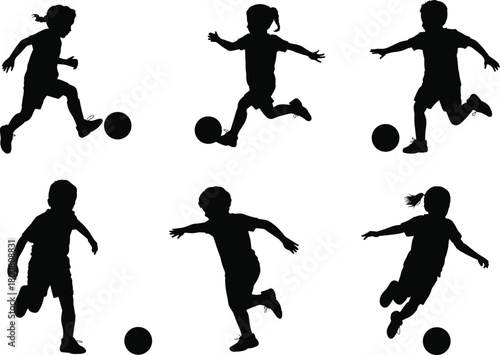 Children playing soccer silhouette vector set, dynamic sports activity poses, black isolated artwork, outdoor recreation concept, energetic kids movement illustration pack