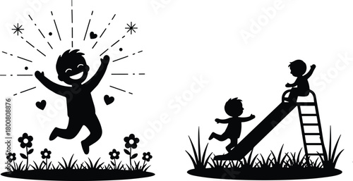 Children jumping and playing on slide silhouette set, joyful black vector illustration of outdoor activity, happiness, and playful childhood moments for seasonal design