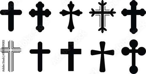 Christian cross cartoon illustration set, religious symbol vector icons, ornate and modern cross designs, faith and spirituality artwork,