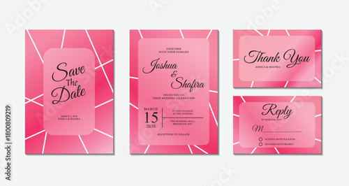 Set of pink geometric polygon wedding invitation cards with save the date, thank you, and rsvp reply templates