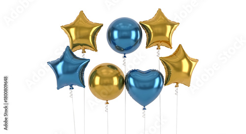Group of shiny gold and blue balloons in star heart and sphere shapes image