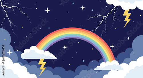 A vibrant pixel art rainbow arches across a starry night sky with lightning strikes and fluffy clouds.
