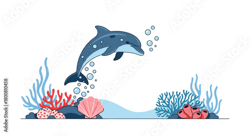 A playful dolphin leaps from the ocean water surrounded by colorful coral reefs and bubbles.