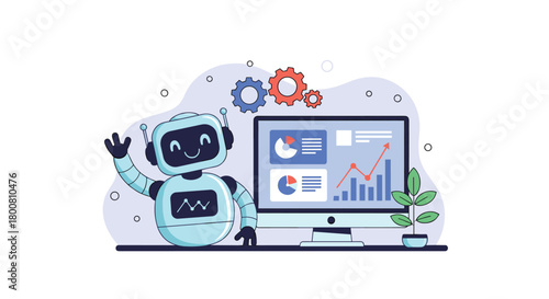 A friendly robot assistant displays data analysis charts and graphs on a computer screen in a modern office setting.