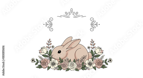 A sweet little bunny sits peacefully among delicate floral arrangements.