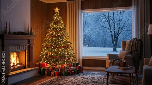 Cozy living room a decorated christmas tree, fireplace, gifts, viewed through a window a snowy winter scene