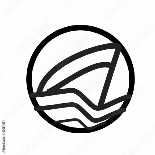 Black and white abstract logo featuring a circle enclosing waves and a sail like structure design