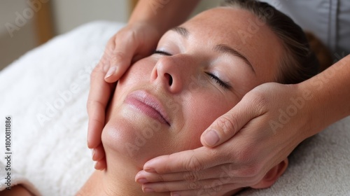 Wallpaper Mural A woman receiving a facial massage, with her eyes closed and her head resting on a massage table.  Torontodigital.ca