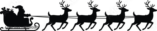 Santa Claus sleigh silhouette, flying reindeer Christmas scene, festive holiday illustration, gift delivery concept, perfect for cards, decor, seasonal clipart, winter design