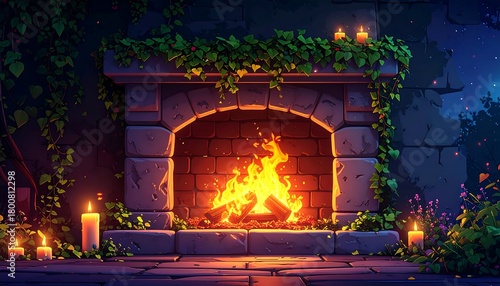 A stone fireplace glows with fire and candles, adorned with greenery, set in a cozy, nighttime outdoor space
