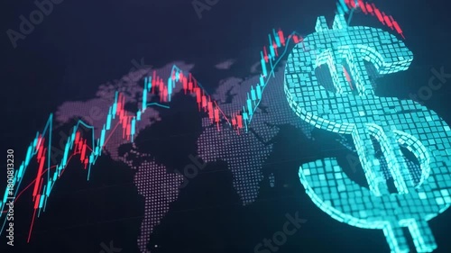 Digital us dollar sign stock market candlestick chart overlayed on a world map background