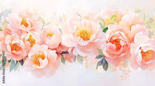 Fototapeta Naklejka Na Ścianę i Meble -  16.A dreamy floral composition featuring lush pink peonies appearing to dance in a weightless space, softly illuminated by a golden light against a minimal, light-colored background.