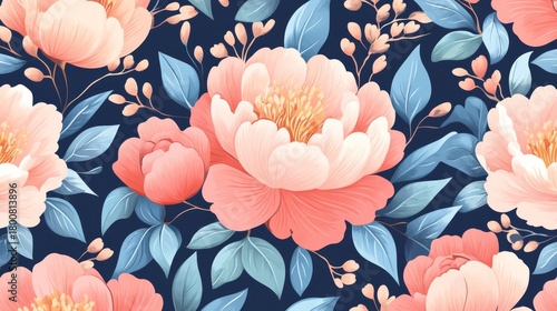 Fototapeta Naklejka Na Ścianę i Meble -  31.Peonies and Pheasants - Floral Vintage Seamless Pattern