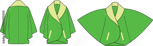 Green outerwear fashion sketch, three style variations, light yellow collar and pocket detail, draped silhouette, stylish coat design, vector apparel, garment illustration concept
